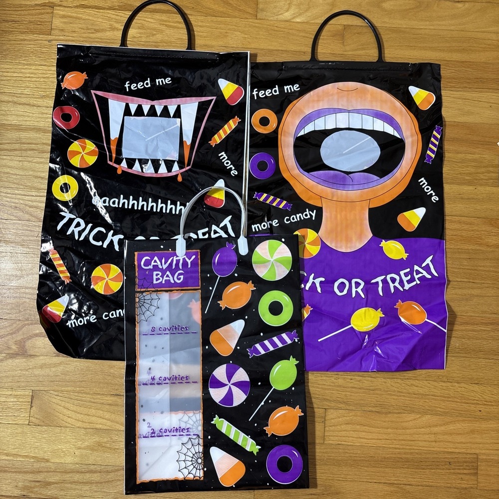 3 Vintage Halloween 2 Feed Me Candy 1 Cavity Large‎ Trick or Treat Plastic Bags